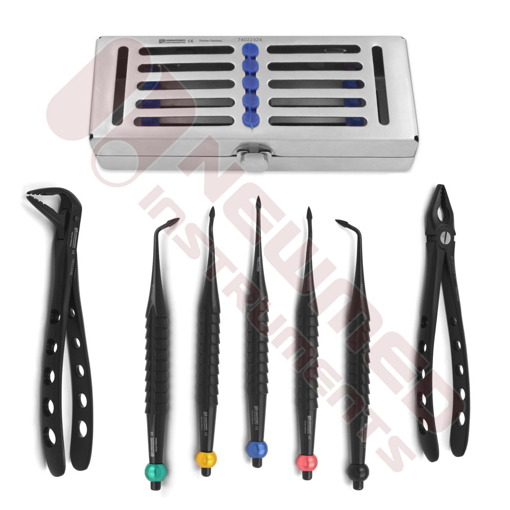 Set of 5 Aetranox Spade Dental Proximators® and 2 Extraction Forceps with Cassette Set of 5 Aetranox Spade Dental Proximators® and 2 Extraction Forceps with Cassette