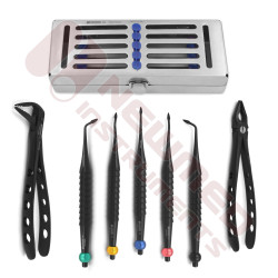 Ensemble de 5 proximateurs dentaires Aetranox Spade® et 2 pinces d'extraction avec cassette Ensemble de 5 proximateurs dentaires Aetranox Spade® et 2 pinces d'extraction avec cassette